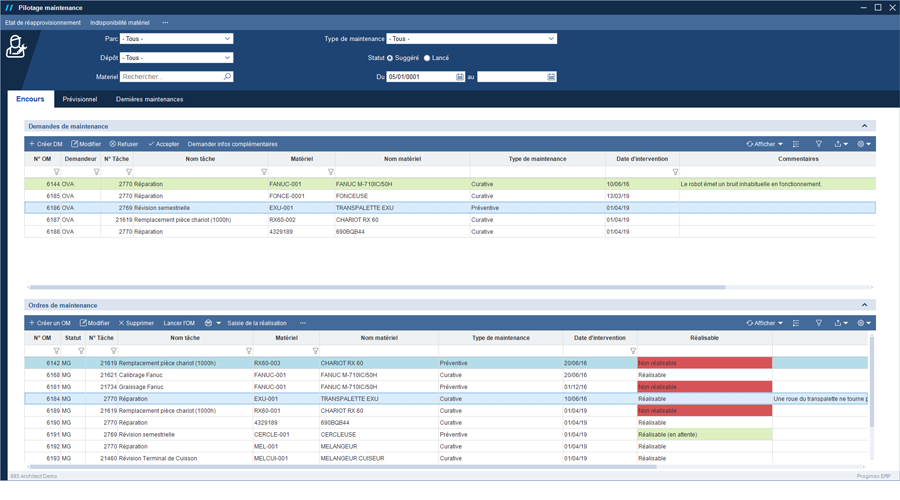 Ecran de gestion de maintenance