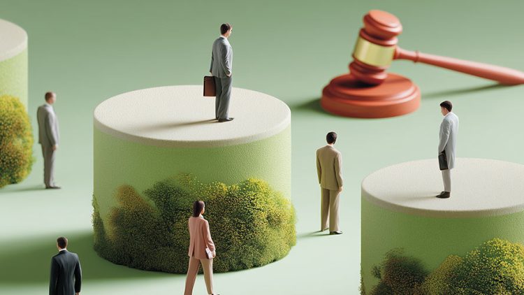 Le marteau de la Justice, des personnages habillés en costume d'affaire. Image générée par IA