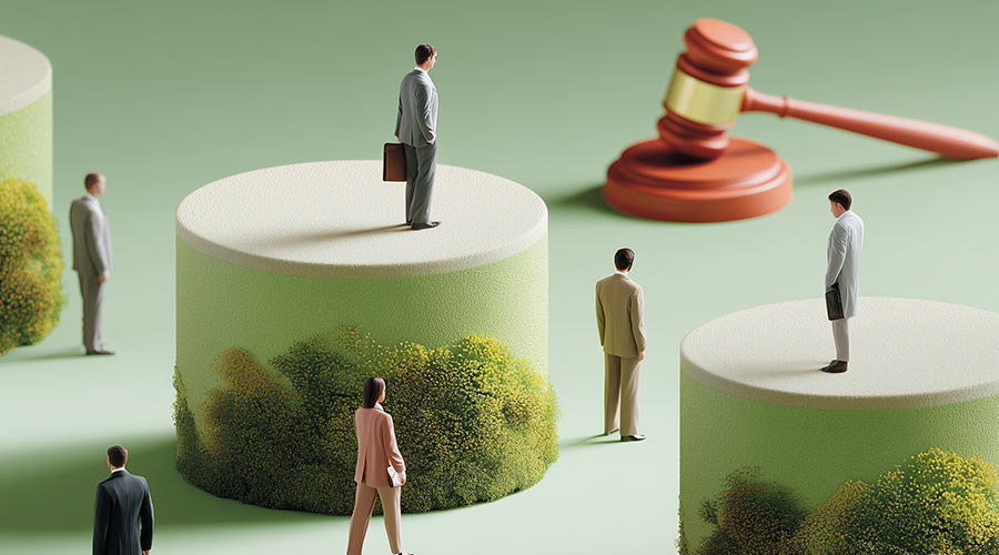 Générée par IA : un marteau de justice, des personnages habillés en costume d'affaire