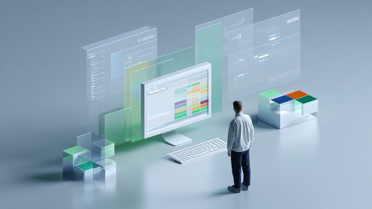 Illustration 3D d’un professionnel analysant des tableaux de données sur un écran informatique, entouré d’interfaces numériques translucides, représentant la gestion des données, la conformité réglementaire et la gouvernance informatique.