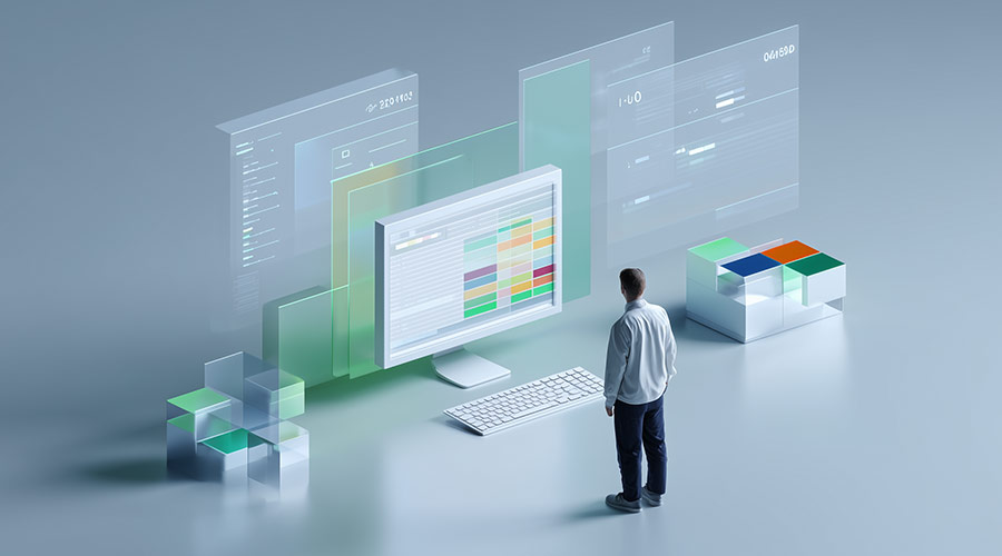 Illustration 3D d’un professionnel analysant des tableaux de données sur un écran informatique, entouré d’interfaces numériques translucides, représentant la gestion des données, la conformité réglementaire et la gouvernance informatique.