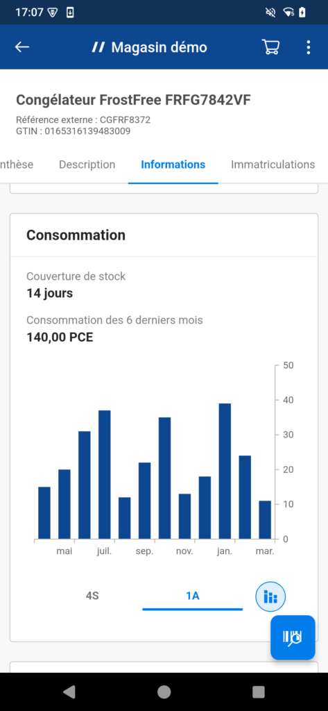 Copie d'écran de l'application Magasin de Proginov sur la partie consommation