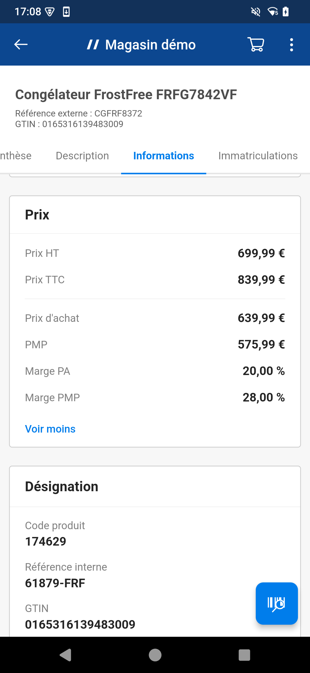 Copie d'écran de l'application Magasin de Proginov sur la partie information du prix