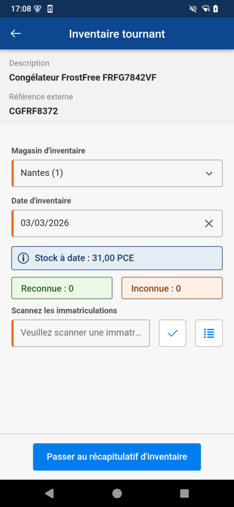Copie d'écran de l'application Magasin de Proginov sur la partie inventaire tournant