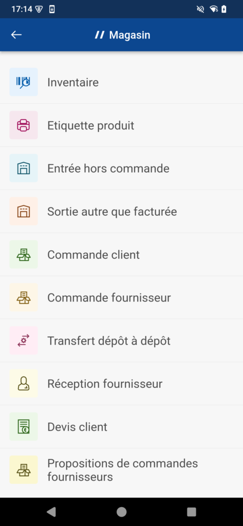 Copie d'écran de l'application Magasin de Proginov sur la partie menu