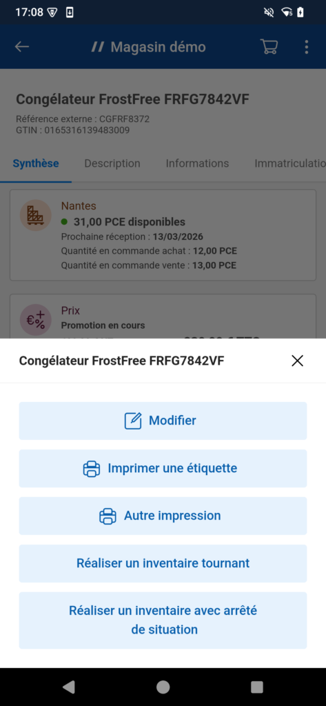 Copie d'écran de l'application Magasin de Proginov sur la partie menu rapide