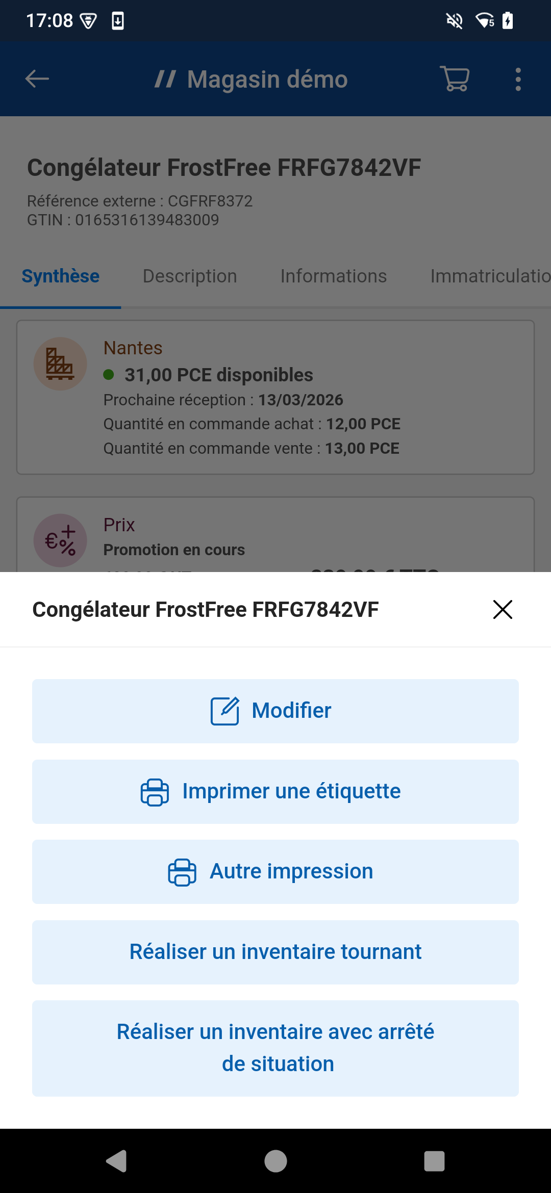 Copie d'écran de l'application Magasin de Proginov sur la partie menu rapide