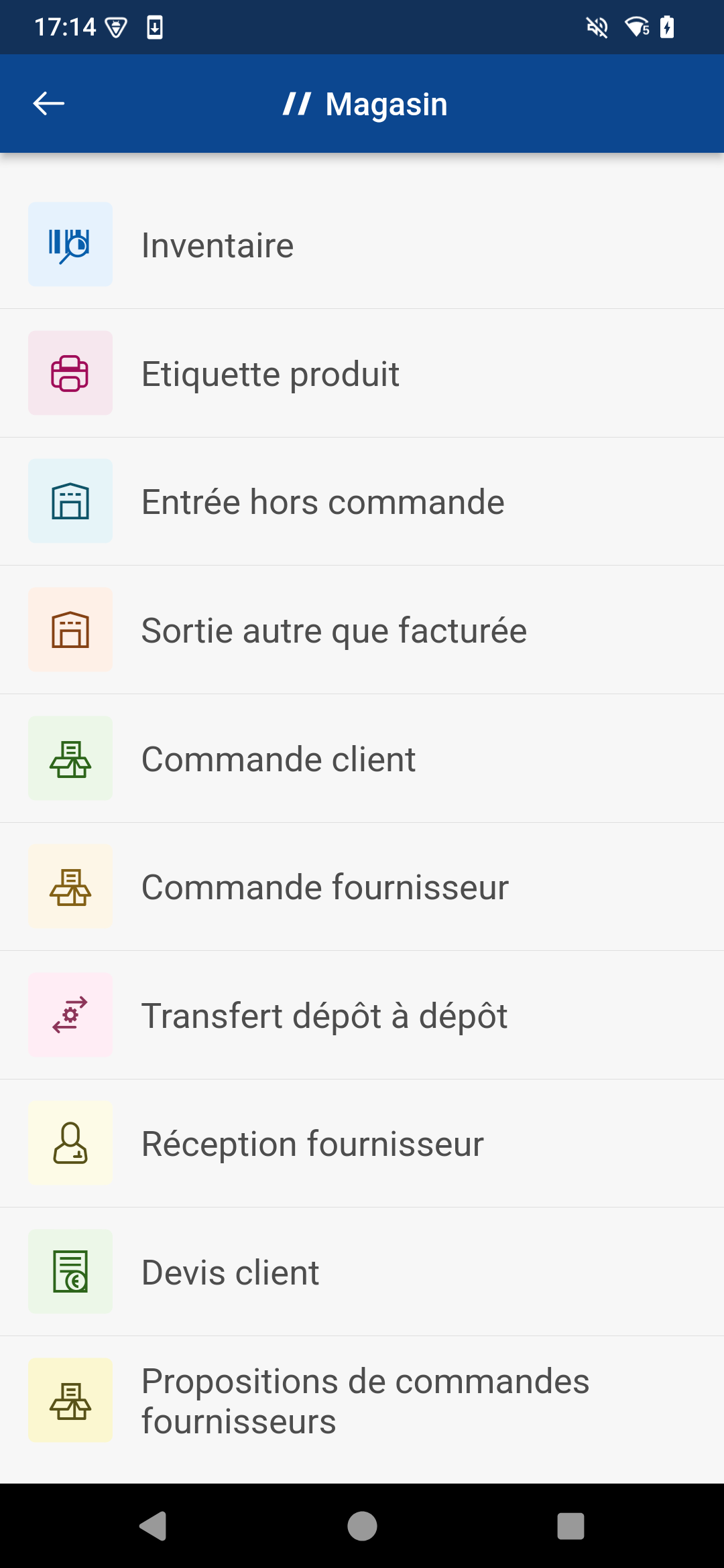 Copie d'écran de l'application Magasin de Proginov sur la partie menu