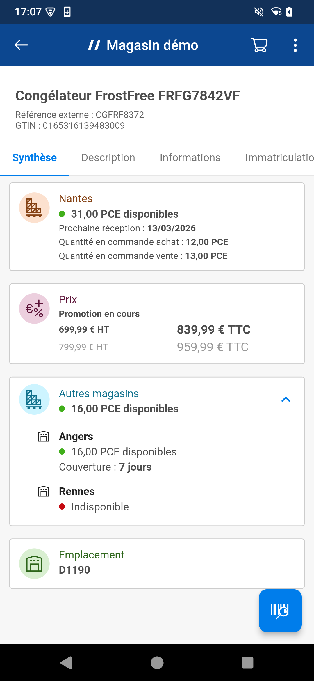 Copie d'écran de l'application Magasin de Proginov sur la partie synthèse